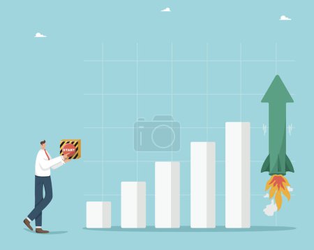 Illustration for Financial and economic growth, income and profit growth, salary increase, investment portfolio and savings increase, man presses the start button and last column of the graph takes off like a rocket. - Royalty Free Image