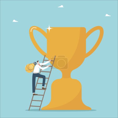 Illustration for Brilliant idea for award, intelligence and intuition contribute to achievement of goals, creative methods for solving business problems and getting success, man with a light bulb climbs stairs to cup. - Royalty Free Image