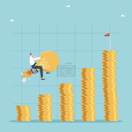 Illustration for Financial and economic growth, innovations and new ideas for business development and additional profit, investment portfolio and savings, man flies on light bulb rocket as graph from coins increases. - Royalty Free Image