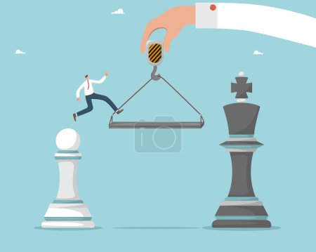 Illustration for Help and cooperation to achieve goals, find winning strategy or the right way to develop and prosper business, defeat a competitor with hard work, man from a pawn jumps on king figure with crane arm. - Royalty Free Image