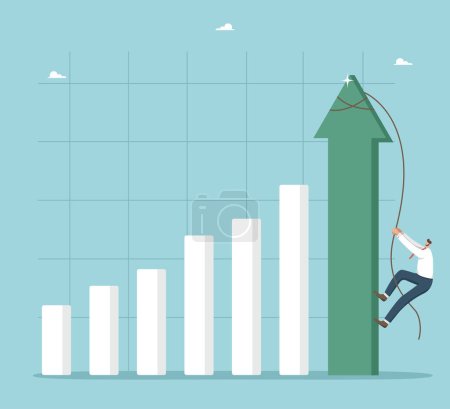 Illustration for Rapid economic or investment growth, climbing the career ladder, improving financial well-being, the rapid pace of business and production development, man is climbing a tightrope on a growing graph. - Royalty Free Image