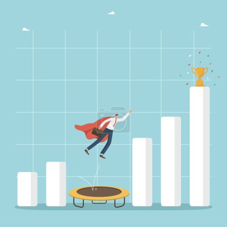 Illustration for BusinFind ways or methods to increase income and profit during economic crisis, overcoming financial difficulties, making risky decisions to achieve success, businessman using trampoline jumps over graph. - Royalty Free Image