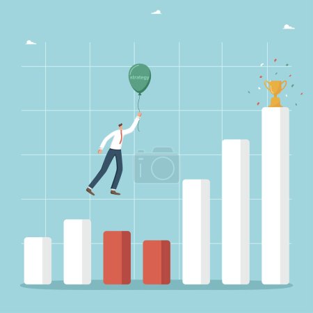 Illustration for Choosing the right strategy to increase income and profit during the economic crisis, recovering a business after a recession, methods and ways to increase sales, man using balloon flies over a graph. - Royalty Free Image