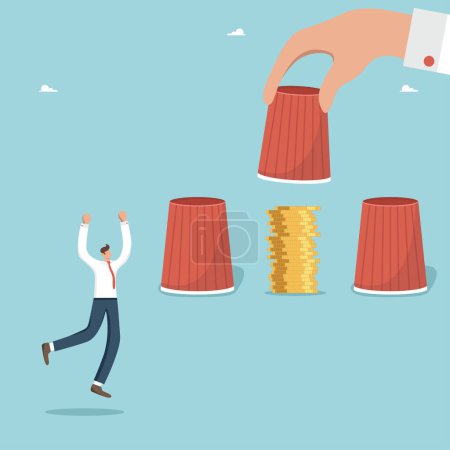 Illustration for Successful increase in own funds or savings, profitability of the investment portfolio or shares, growth in wages and business profitability, businessman guessed which cup the coins were hidden under. - Royalty Free Image