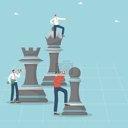 Teamwork to reach heights in work, cooperation and partnership for common goals, strategy to win in business, accomplishment of tasks according to plan, working team of people plan a chess strategy.