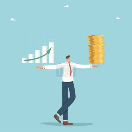 Illustration for Increase in investment portfolio and savings, growth in income and wages, financial and economic growth, successful management of one's own money, businessman holds in hands growing graph and money. - Royalty Free Image