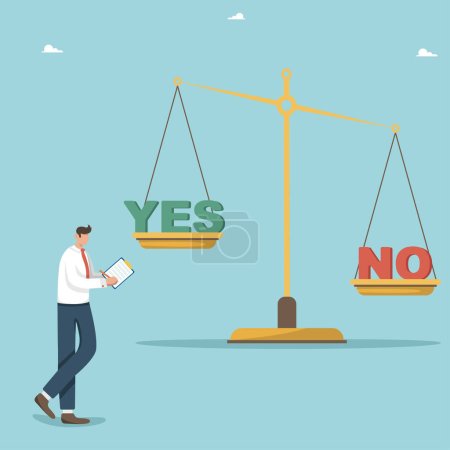 Illustration for Making right and wrong business decisions, analyzing alternatives or choosing yes or no, deciding on the strategy or further business development plan, man next to the scales analyzes the choice. - Royalty Free Image