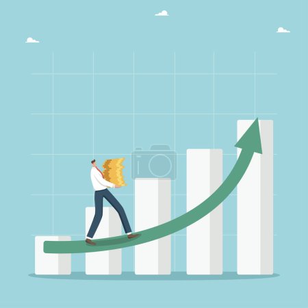 Illustration for Managing your own money, increasing savings and investing money on a deposit, replenishing an investment portfolio or currency wallet, man carries a stack of coins along the growing arrow of the graph - Royalty Free Image