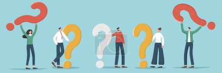 Illustration for A set of illustrations of random people holding question marks. Concept questions and answers, FAQ, frequently asked questions, analysis of the consumer market and competitors. - Royalty Free Image