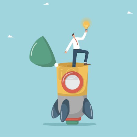 Illustration for Creativity and brainstorming for fast career growth, innovations for success and income growth, genius ideas for solving work tasks and business development, man with light bulb peeks out from rocket. - Royalty Free Image