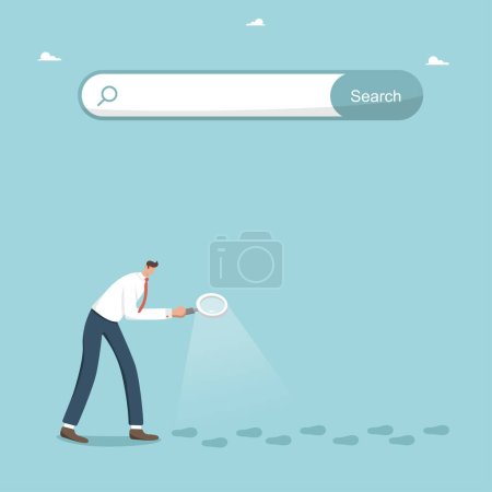 Illustration for New opportunities, openness to new knowledge or science, search for the necessary information or work, search engine optimization, main web page of the site, man follows the footsteps under search bar - Royalty Free Image