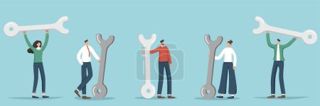 Illustration for Set of illustrations of random people with wrenches. Technical support and service. Assistance in setting up and optimizing the workplace, solving difficult situations under unforeseen circumstances. - Royalty Free Image