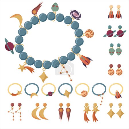 Illustration for Collection of vector jewelry and children's ornaments. Bracelet made of handmade plastic beads with space-themed pendants. Fashionable colorful rings and earrings. Star, moon, rocket, planet, comet. - Royalty Free Image