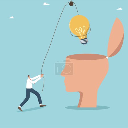 Illustration for Search of ideas or strategy for creating or developing a business, new opportunities and knowledge to achieve great success, creative approach to solving problems, man puts a light bulb in a big head. - Royalty Free Image