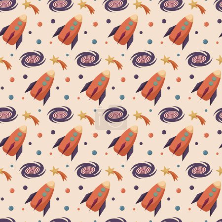 Illustration for Vector seamless pattern with constellations, shooting star, rocket, black hole. Cute baby sky patterns in warm colors. Pastel wallpaper, repeating background. - Royalty Free Image