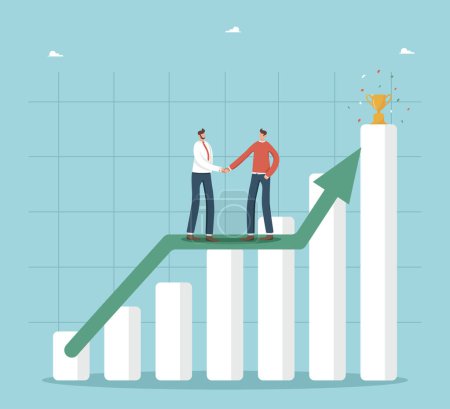 Illustration for Collaboration in achieving goals, partnership for income and profit growth, teamwork to achieve heights in work, motivation for great success, two businessmen shaking hands on a growing graph arrow. - Royalty Free Image