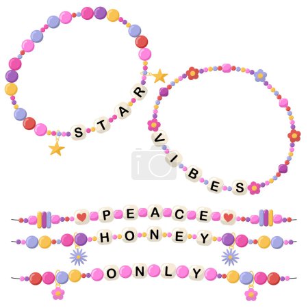 Collection of vector jewelry and children's ornaments. Bracelet made of handmade plastic beads. Set of bright colorful braided bracelets with words from the letters star, vibes, peace, honey, only.