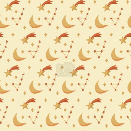 Illustration for Vector seamless pattern with constellations, falling star, moon. Cute baby sky patterns in warm colors. Pastel wallpaper, repeating background. - Royalty Free Image