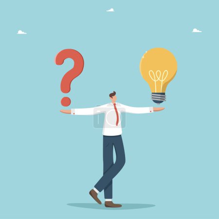 Illustration for Brainstorming to solve business problems, creativity and intelligence to create new ideas and opportunities, thought process and logic to achieve goals, man holds question mark and light bulb in hands - Royalty Free Image