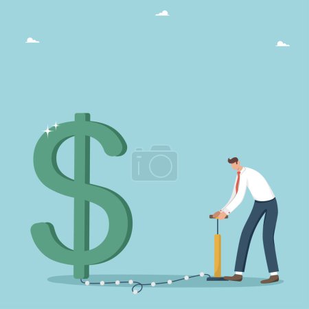 Illustration for Financial and economic improvement, increase in the value of foreign exchange, growth in income and wages, increase in profits from investment and innovation, man inflates the dollar sign with a pump. - Royalty Free Image