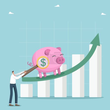 Illustration for Increase in investment portfolio and savings, profit from bank deposits or shares of companies, growth in the value of innovation and business, man with magnifier near a piggy bank on a growing graph. - Royalty Free Image