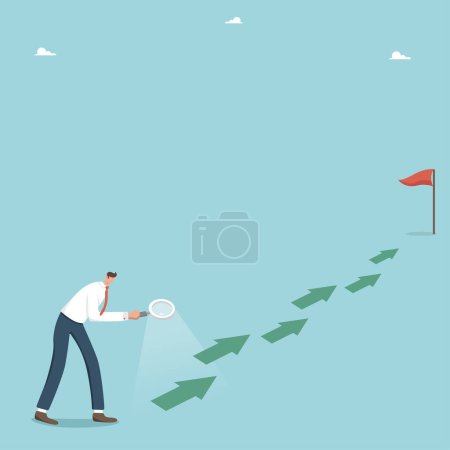 Illustration for Search for strategy or way to achieve goals, successful business planning, logical thinking and intuition in solving tasks, career growth, man with magnifying glass follows arrows to the finish line. - Royalty Free Image