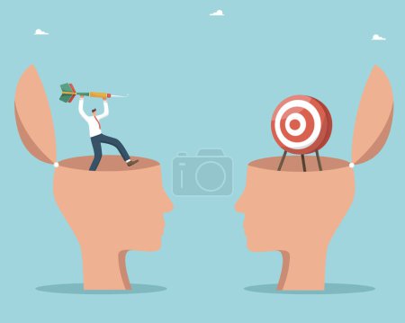 Illustration for Collaboration and partnership in setting and achieving goals, teamwork in solving work tasks, planning business strategies for success in work and business, man from head throws dart at target of head - Royalty Free Image