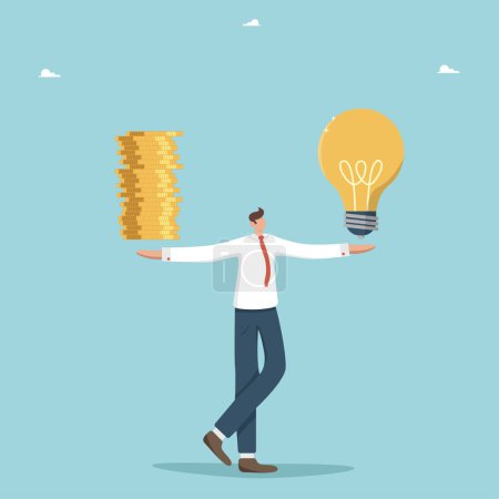 Illustration for Profitability and payback of innovations, buying intellectual property, investing in creative ideas and startups for income, launching new business projects, man holds coins and a light bulb in hands. - Royalty Free Image