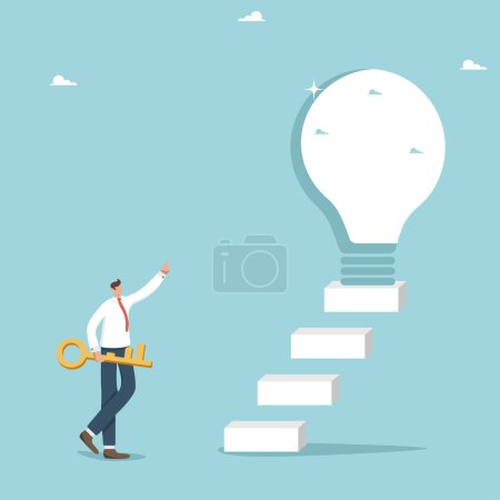Illustration for Secret key to achieve goals, unlock new opportunities and creative ideas for great success, introduce innovations for business development, man with a key stands near the door in form of light bulb. - Royalty Free Image