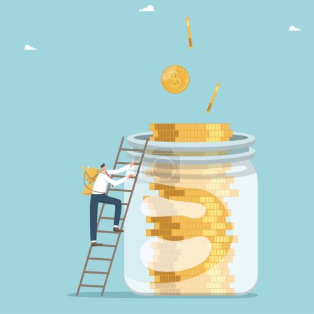 Illustration for Path to financial independence, win the competition and increase the value of your business, growth in interest on bank deposits, return on investment, man with cup climbs the stairs to jar of coins. - Royalty Free Image
