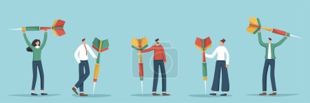 Illustration for Set of illustrations of casual people with darts. Accuracy in setting and planning business strategies, motivation and focus on results, dedication to achieving great success, hitting a target exactly - Royalty Free Image