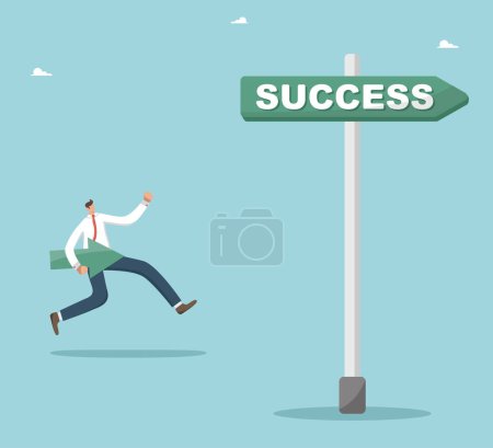 Illustration for Aspiration and creativity for great success, strategy and ways to achieve goals, hard work to achieve the highest results and career growth, follow new opportunities, man runs on the sign of success. - Royalty Free Image