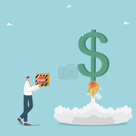 Illustration for Financial and economic improvement, rapid growth of income and wages, profitable investment of funds, increase in the investment portfolio and savings, man using start button launches a dollar rocket. - Royalty Free Image