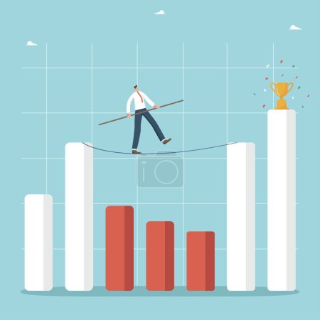 Illustration for Choosing right strategy for increasing income and profits during economic crisis, analyzing and predicting changes in business, recovering a business after a recession, man walks a tightrope on graph. - Royalty Free Image
