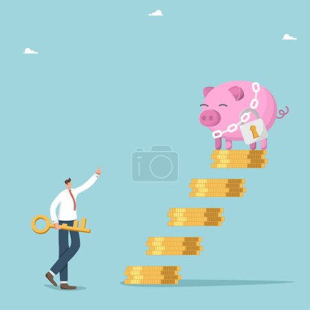 Illustration for Manage own money successfully, increase investment portfolio and savings, secret keys to wealth, invest money in innovation and deposits, unlock frozen assets, man with key near piggy bank with lock. - Royalty Free Image