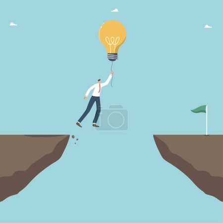 Illustration for Brilliant idea or innovations to overcome economic crisis, creative method for solving business problems, logic or intelligence to achieve goals, strategic planning, man flies on light bulb over cliff - Royalty Free Image
