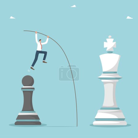 Illustration for Planning to achieve goals, winning strategy to defeat a competitor, methods and ways to move up career ladder, achieving heights through hard work, man using pole jumps from pawn to king chess piece. - Royalty Free Image