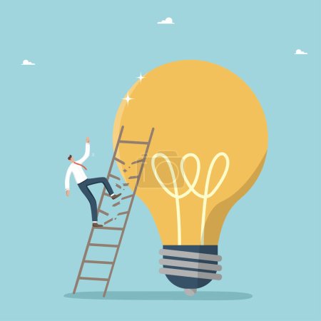Illustration for Risky ideas for business or innovation, lack creativity to get out of difficult situation, loss of investment, wrong development path, collapse or failure, man falls down stairs leading to light bulb. - Royalty Free Image