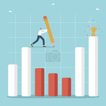 Illustration for Follow the right business strategy to achieve great success, creative methods of solving problems and work tasks, methods of maintaining business in crisis, man draws a path through graph with pencil. - Royalty Free Image