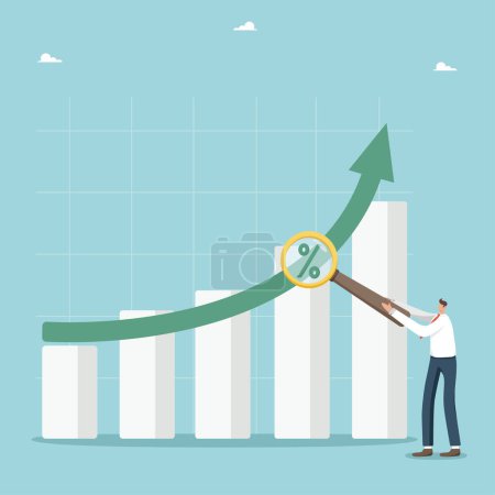 Illustration for The growth of interest on deposits and profits, an increase in the investment portfolio and savings, the growth of GDP and wages, man holds magnifier with a percentage and points to arrow of graph. - Royalty Free Image