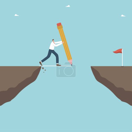 Illustration for Search for ways and methods to overcome difficulties, creative strategies to achieve goals, extraordinary thinking and logic to quickly complete project or task, man draws path over cliff with pencil. - Royalty Free Image