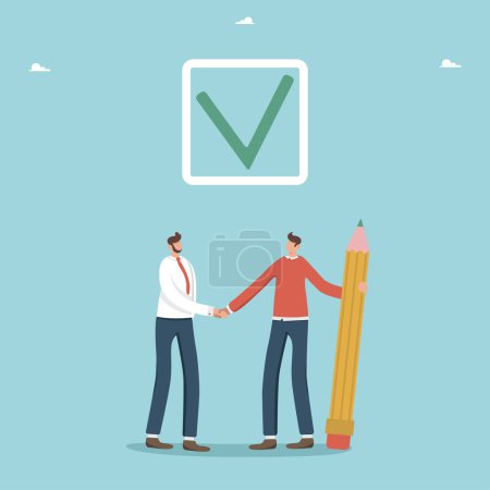 Illustration for Collaboration and partnership to successfully complete tasks, teamwork to meet project deadlines and schedules, closing deal and common interests, businessmen shaking hands under icon with check mark. - Royalty Free Image