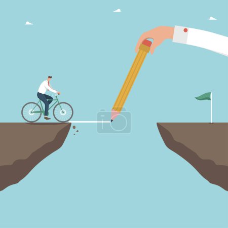 Illustration for Help or mentorship in paving way to achieve goal, creative solutions to get out of difficult situations, strategic planning for great success, hand with pencil draws path over cliff for man on bicycle - Royalty Free Image