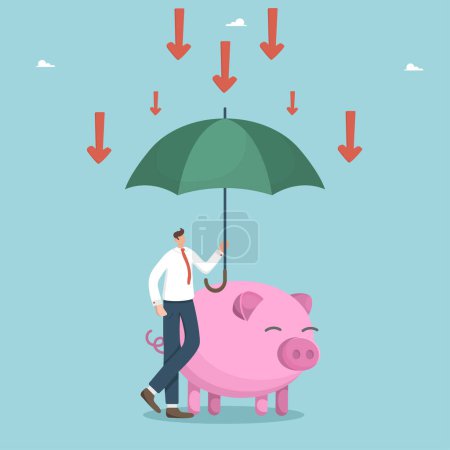 Illustration for Secret weapon in the fight against the financial and economic crisis, ways to save savings and wealth from the influence of inflation, riskiness of investments, man with piggy bank under an umbrella. - Royalty Free Image