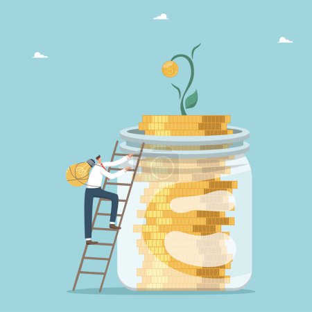 Illustration for Introduction of innovations and new creative ideas to increase income, from small profits to enrichment, new business opportunities to savings grown, man with light bulb climbs ladder to jar of coins. - Royalty Free Image