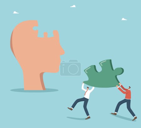 Illustration for Searching for ways and creative approach to solving complex problems, brainstorming to achieve high results in work, new knowledge and opportunities, two people carry the missing puzzle to a big head. - Royalty Free Image