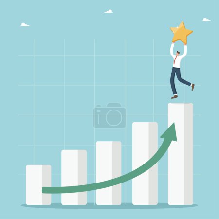 Illustration for Desire and motivation in achieving goals, high results in work or study, rapid career growth, great success in business and receiving award, growth and development, man at the top of graph with a star - Royalty Free Image