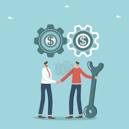 Illustration for Teamwork in achieving goals and receiving rewards, cooperation and partnership in solving business problems, common vision of business and increasing its profitability, men shaking hands under gears. - Royalty Free Image