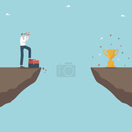 Illustration for Searching for strategy to achieve highest result in work or study, own vision of further business development, way to achieve goals and receive rewards, man looks binoculars from cliff at winner cup. - Royalty Free Image