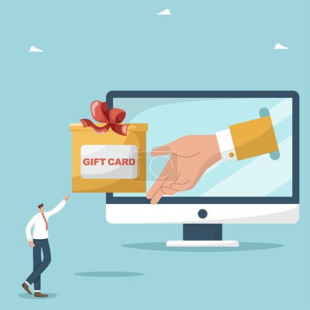 Illustration for Targeting and promotion strategy, lowering the price of goods to attract customers, get a coupon or gift card, emailing promo codes and information about promotions, hand from monitor gives man a gift - Royalty Free Image